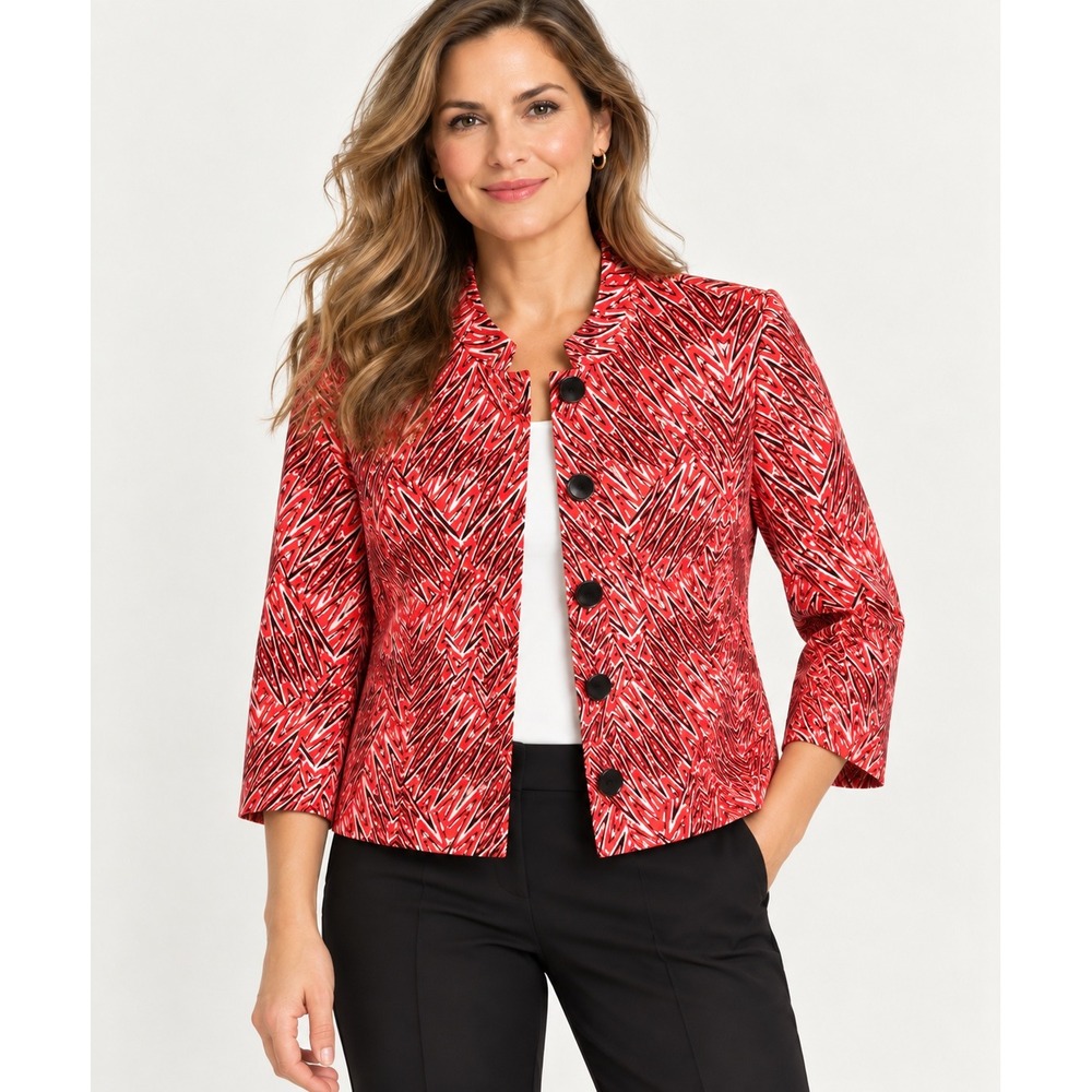 Kasper Blazer Womens 12 Red Excellent Linen Blend Zigzag Mock Neck Jacket